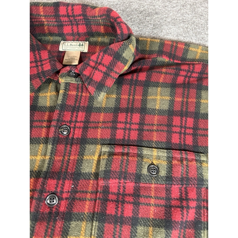 Vintage LL Bean Men Size Large Button‎ Down Top Red Green Flannel Plaid Cotton